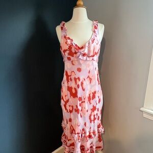 VTG Moth Silk Floral Slip Dress Pink Red Ruffle Hem Size 8